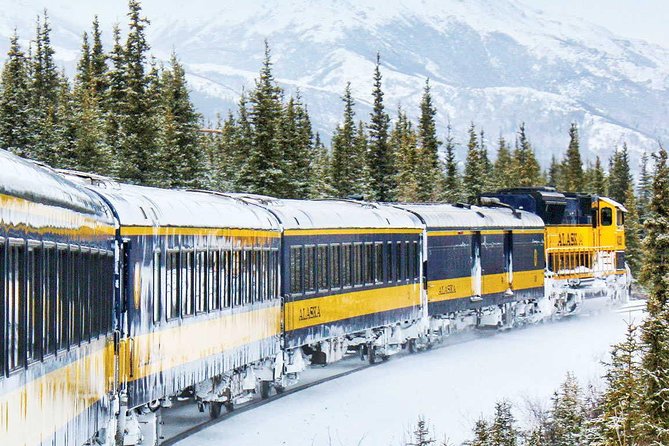 Alaska Railroad Aurora Winter Anchorage to Fairbanks One Way - Leaving Anchorage beside the Chugach Mountains