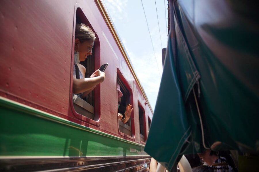 Bangkok: Maeklong Railway Market & Floating Market Tour - Maeklong Railway Market and the passing train