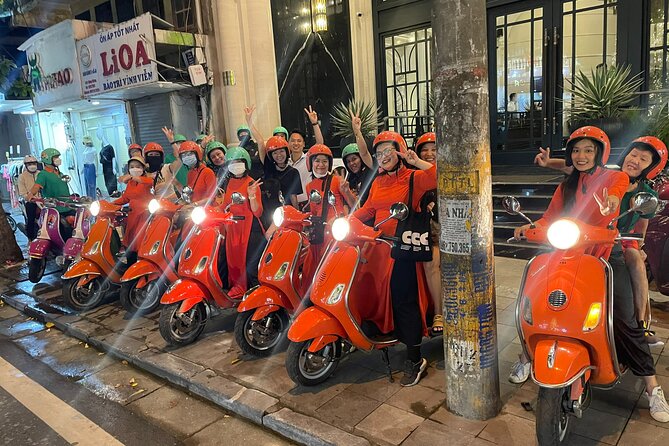 Vespa Female Ao Dai riders Night Street Food + See Train Street - Why a Vespa is a smart way to see Hanoi at night